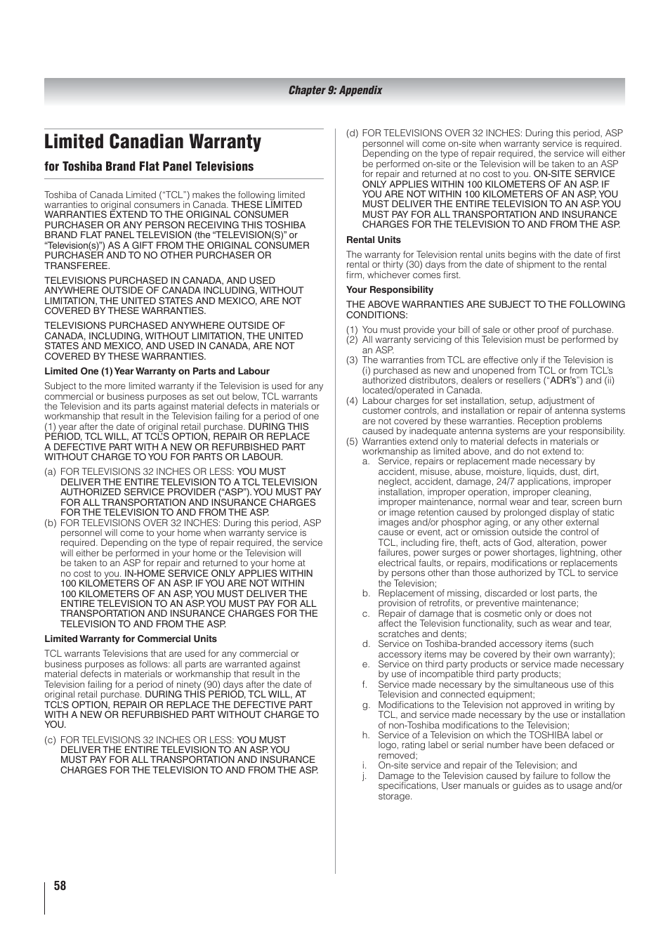 Limited canadian warranty, For toshiba brand flat panel televisions | Toshiba 22AV500U User Manual | Page 58 / 60