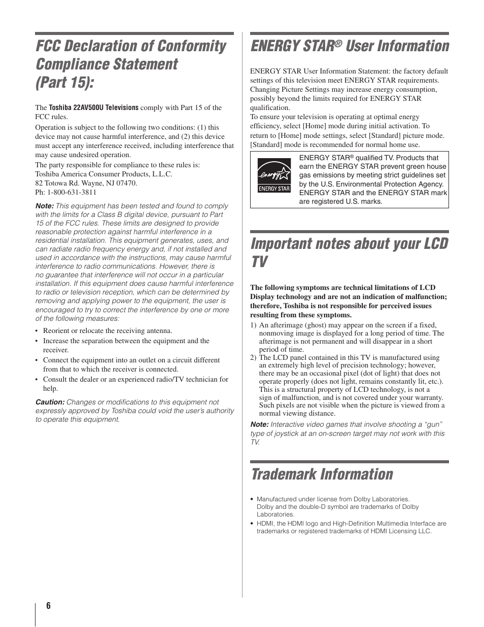 Energy star, User information, Trademark information | Toshiba 22AV500U User Manual | Page 6 / 60