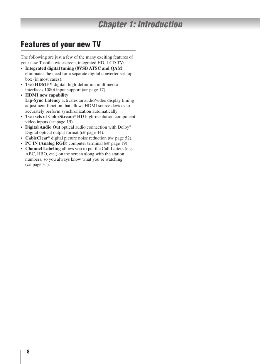 Chapter 1: introduction, Features of your new tv | Toshiba 22AV500U User Manual | Page 8 / 60