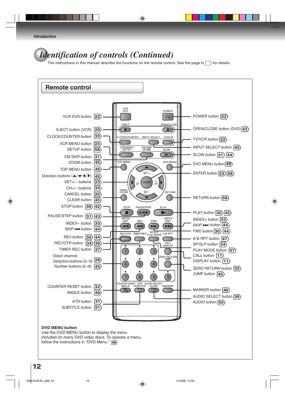 Identification of controls (continued), Remote control | Toshiba DVD Video Player SD-V394SU User Manual | Page 12 / 72