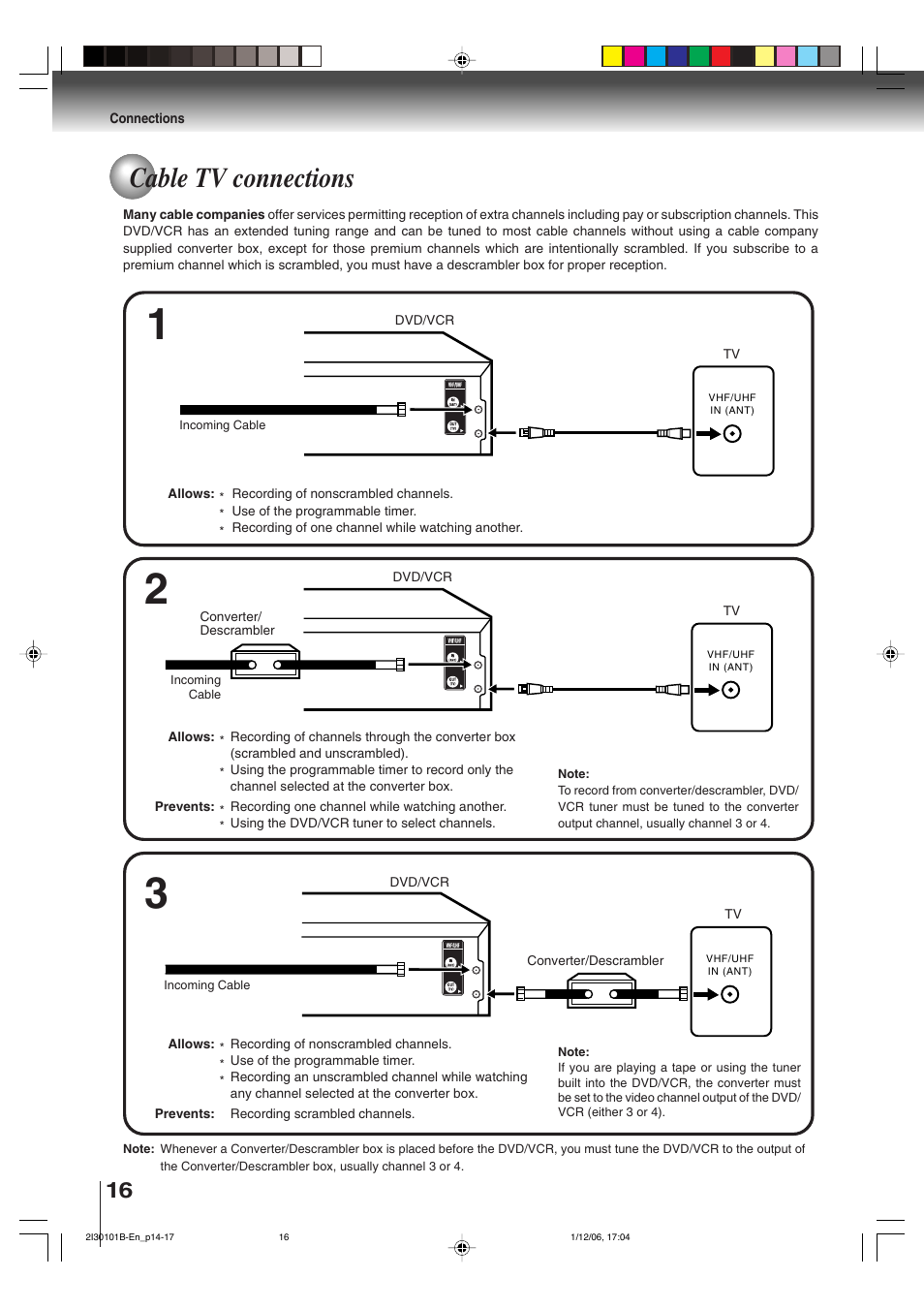 Cable tv connections | Toshiba DVD Video Player SD-V394SU User Manual | Page 16 / 72