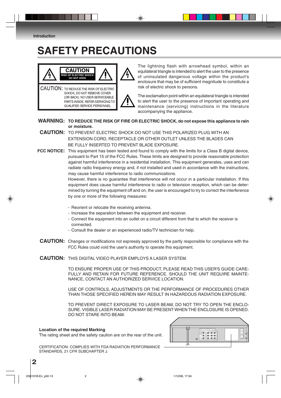 Safety precautions | Toshiba DVD Video Player SD-V394SU User Manual | Page 2 / 72