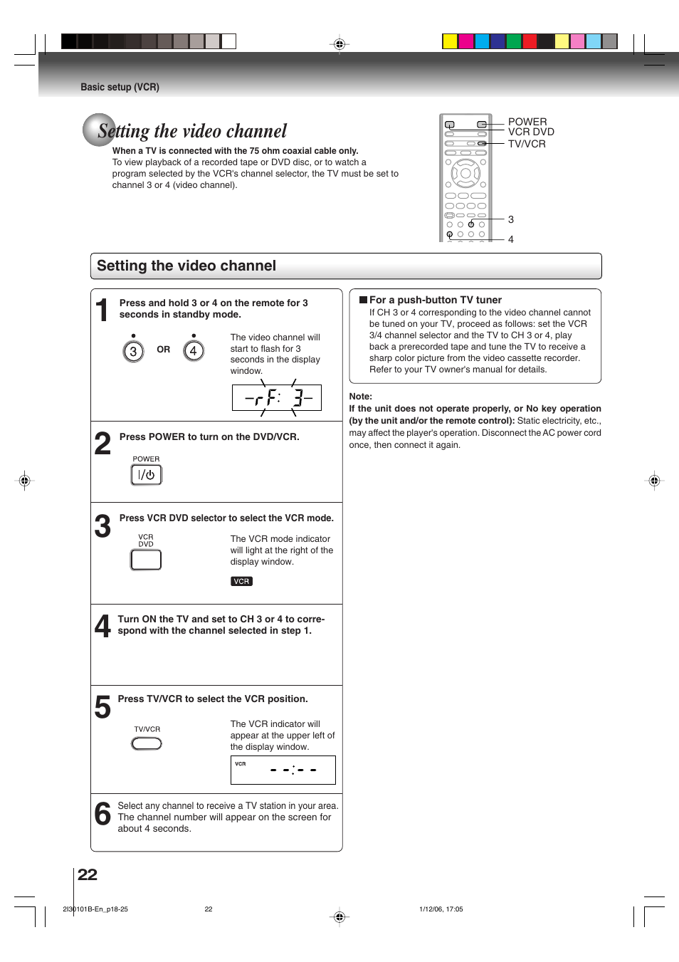 Setting the video channel | Toshiba DVD Video Player SD-V394SU User Manual | Page 22 / 72