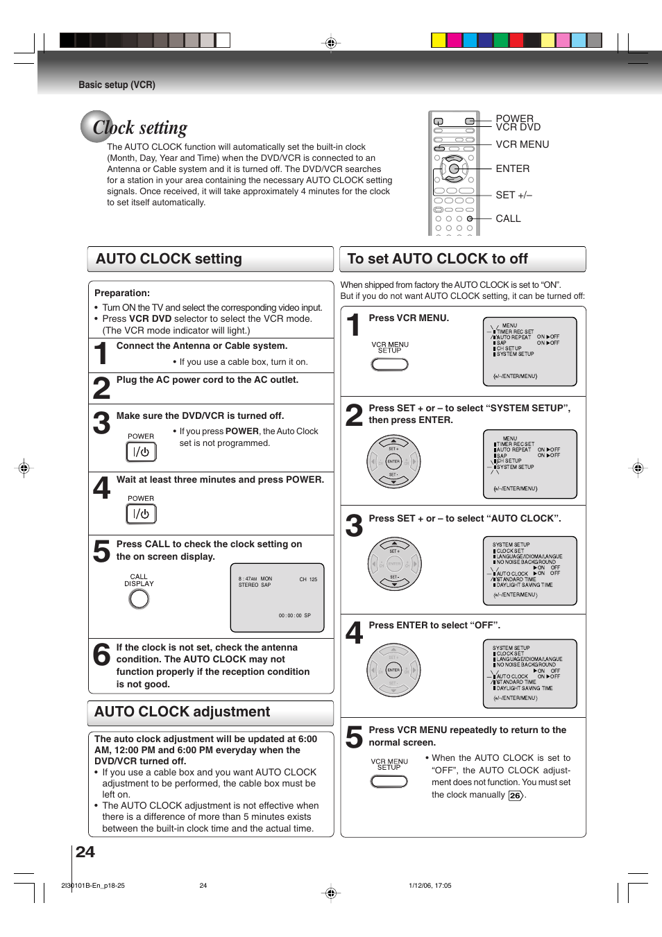 Clock setting, Auto clock setting, Auto clock adjustment to set auto clock to off | Toshiba DVD Video Player SD-V394SU User Manual | Page 24 / 72