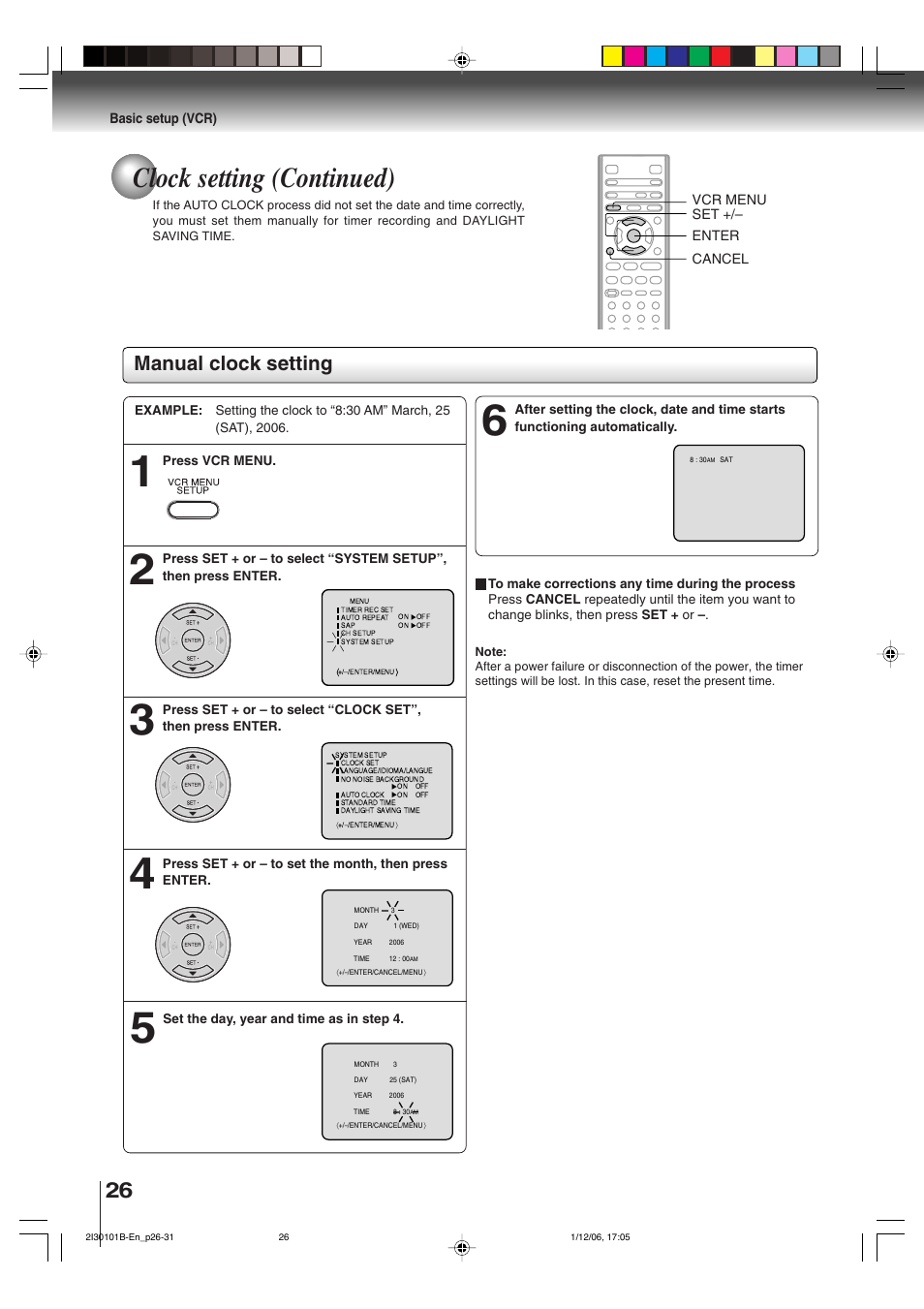 Clock setting (continued), Manual clock setting | Toshiba DVD Video Player SD-V394SU User Manual | Page 26 / 72