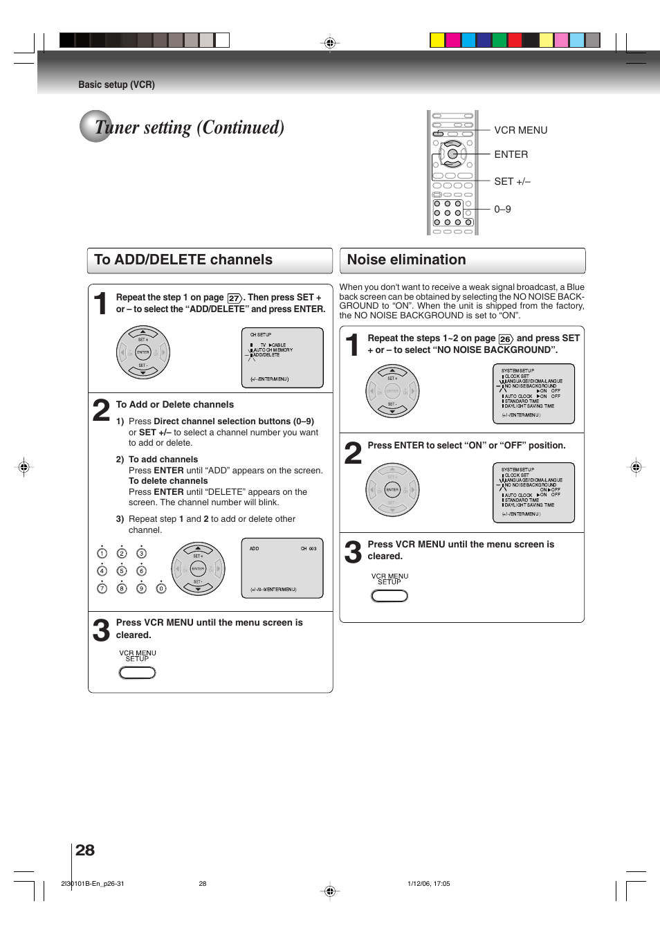 Tuner setting (continued), Noise elimination | Toshiba DVD Video Player SD-V394SU User Manual | Page 28 / 72