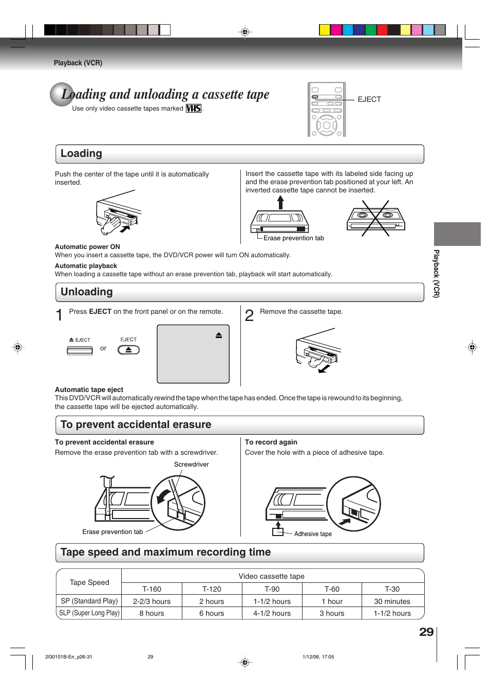 Loading and unloading a cassette tape, Loading, Unloading | Toshiba DVD Video Player SD-V394SU User Manual | Page 29 / 72