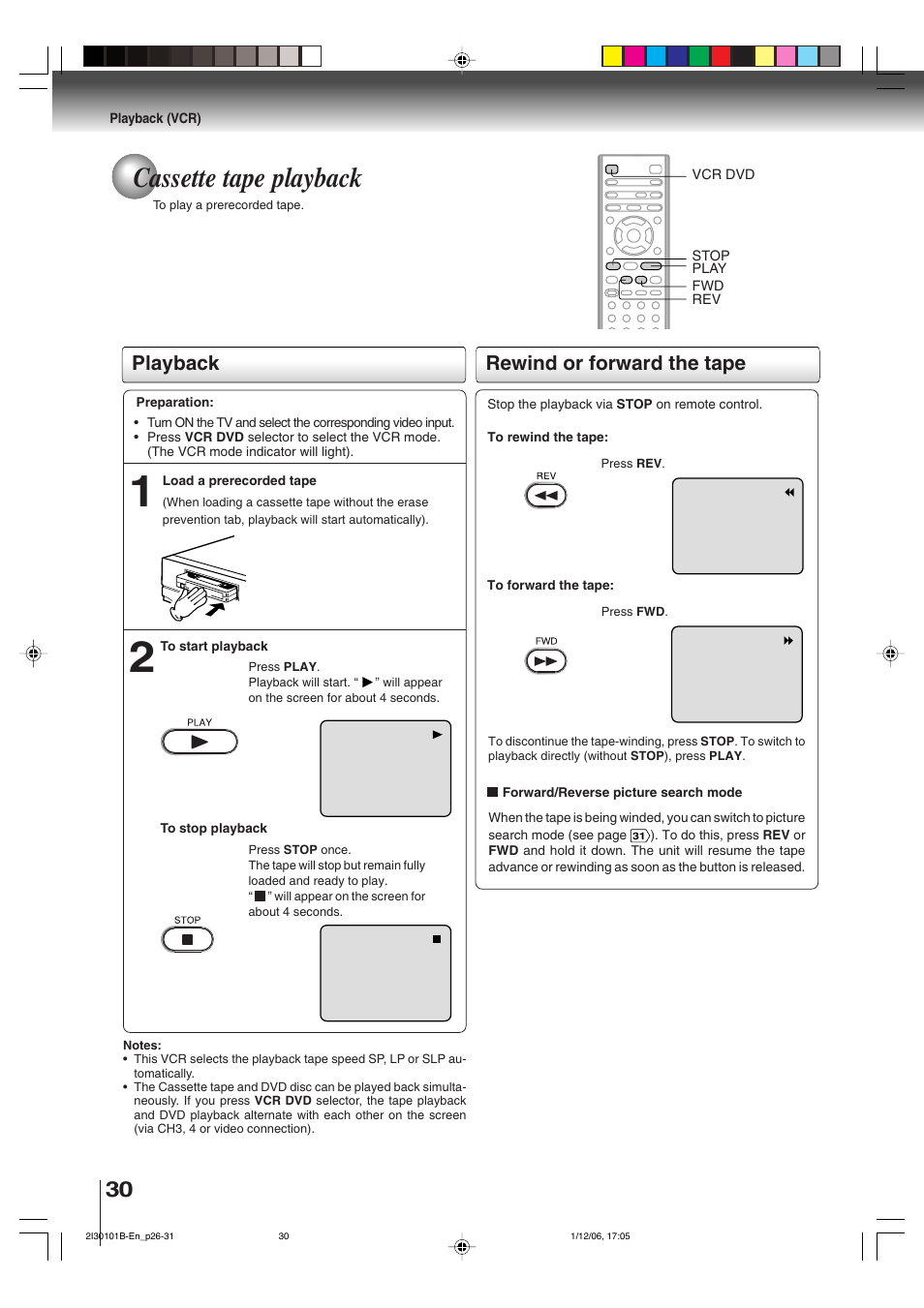 Cassette tape playback, Playback rewind or forward the tape | Toshiba DVD Video Player SD-V394SU User Manual | Page 30 / 72