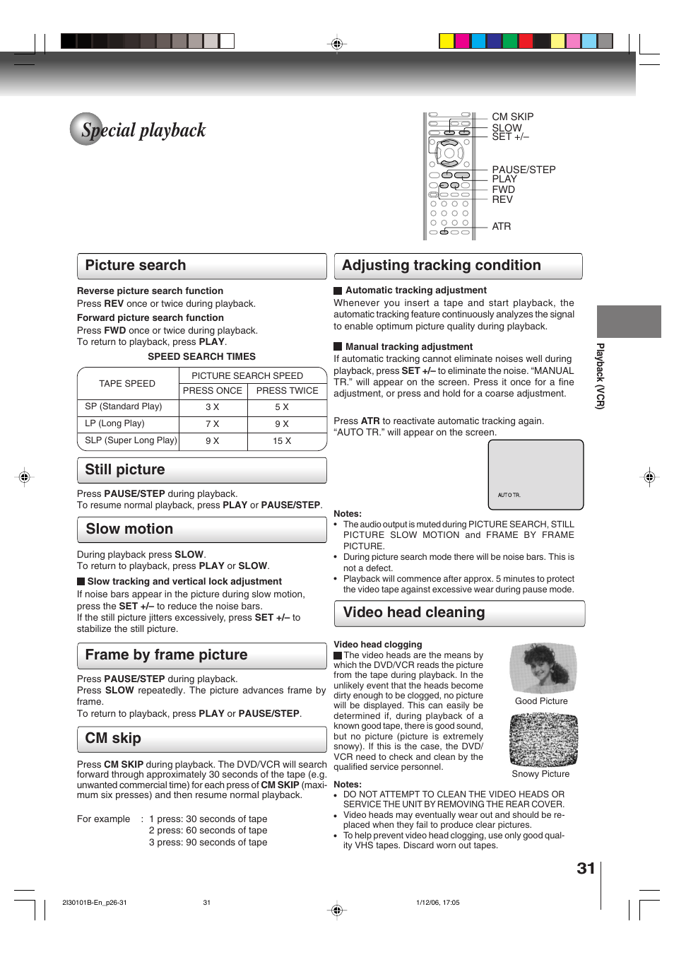 Special playback, Picture search, Video head cleaning | Cm skip | Toshiba DVD Video Player SD-V394SU User Manual | Page 31 / 72