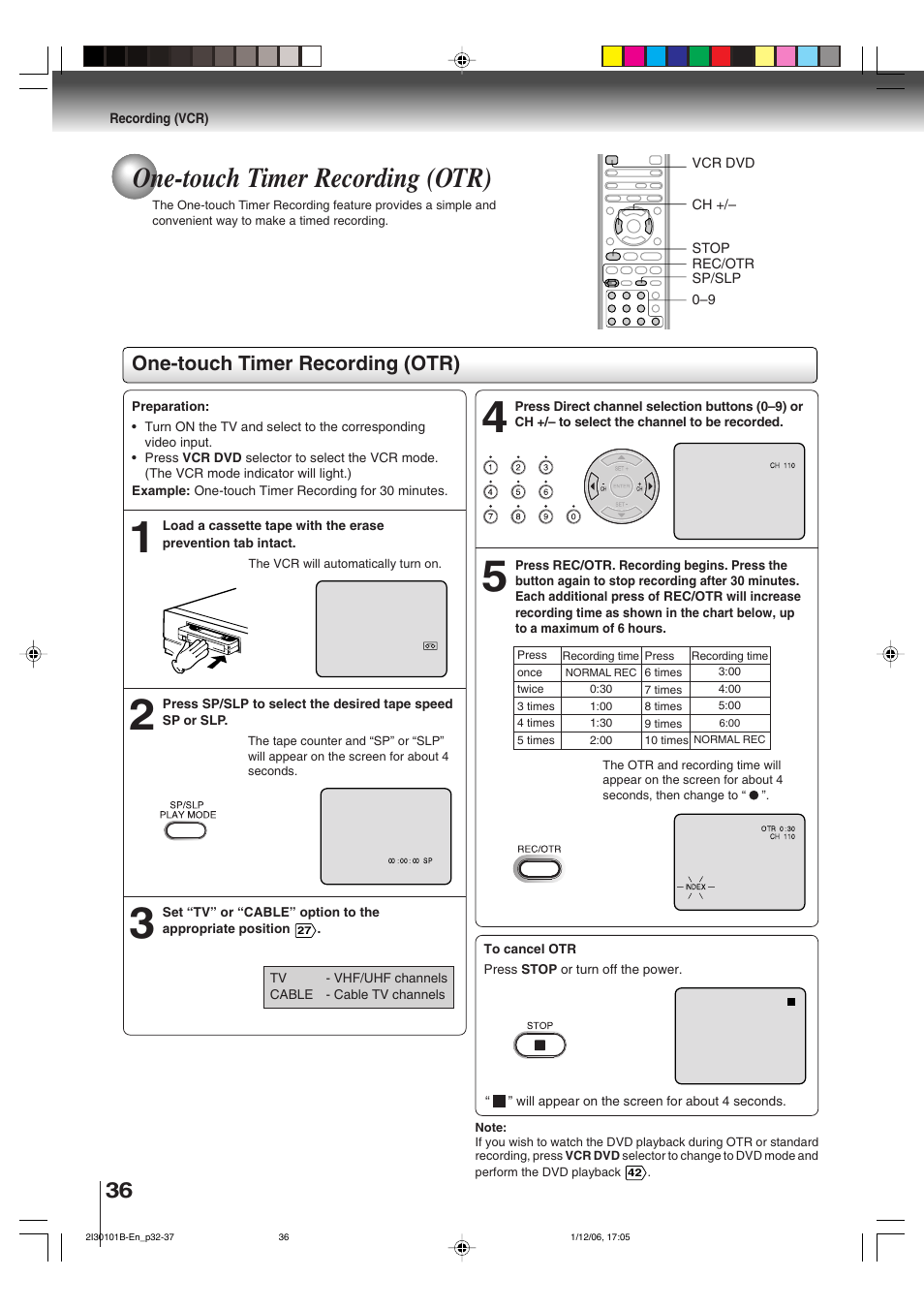 One-touch timer recording (otr) | Toshiba DVD Video Player SD-V394SU User Manual | Page 36 / 72