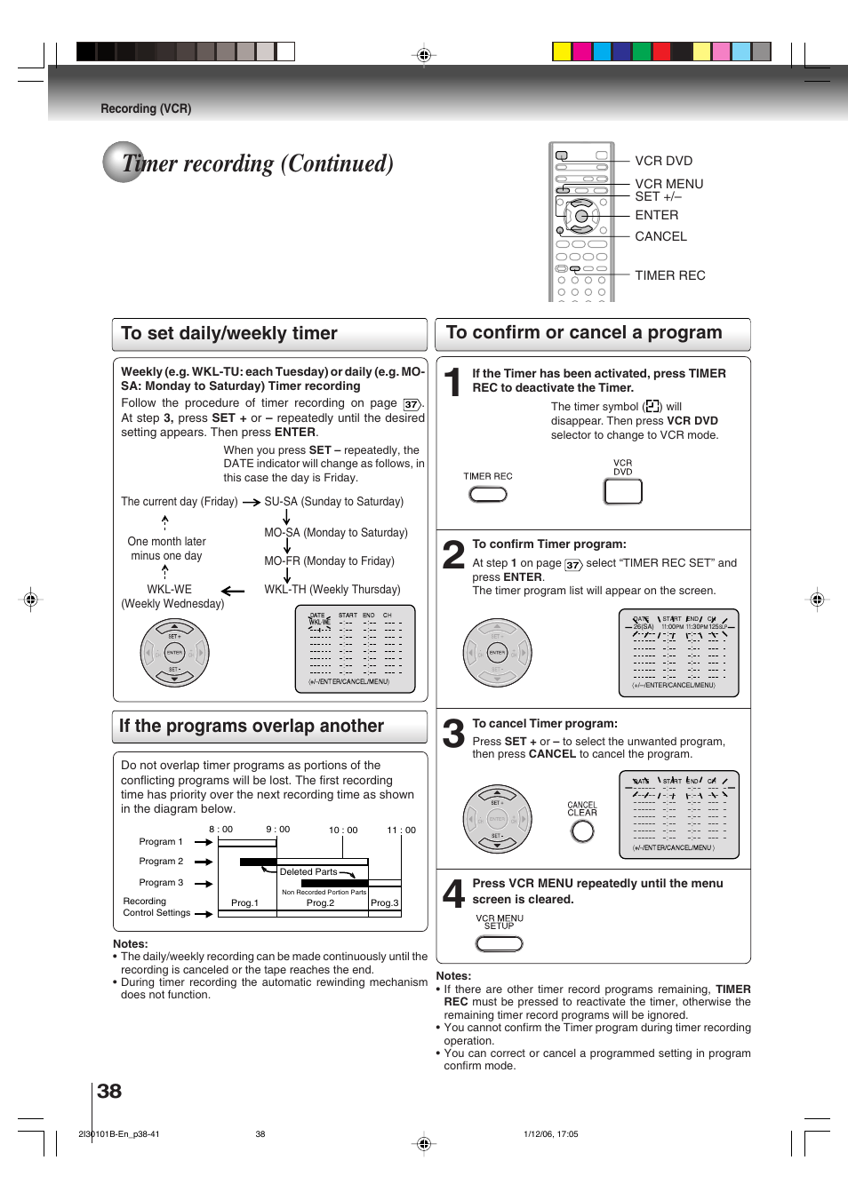 Timer recording (continued), Setting procedure to set daily/weekly timer, If the programs overlap another | Toshiba DVD Video Player SD-V394SU User Manual | Page 38 / 72