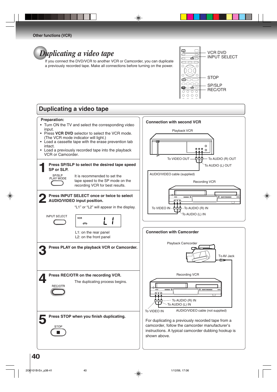 Duplicating a video tape | Toshiba DVD Video Player SD-V394SU User Manual | Page 40 / 72