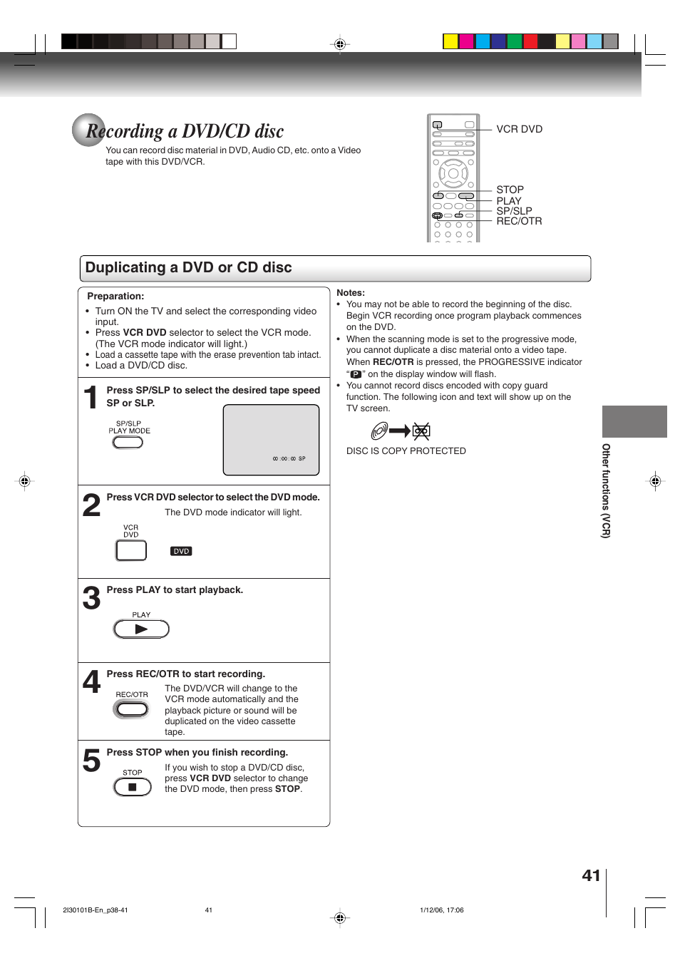 Recording a dvd/cd disc | Toshiba DVD Video Player SD-V394SU User Manual | Page 41 / 72