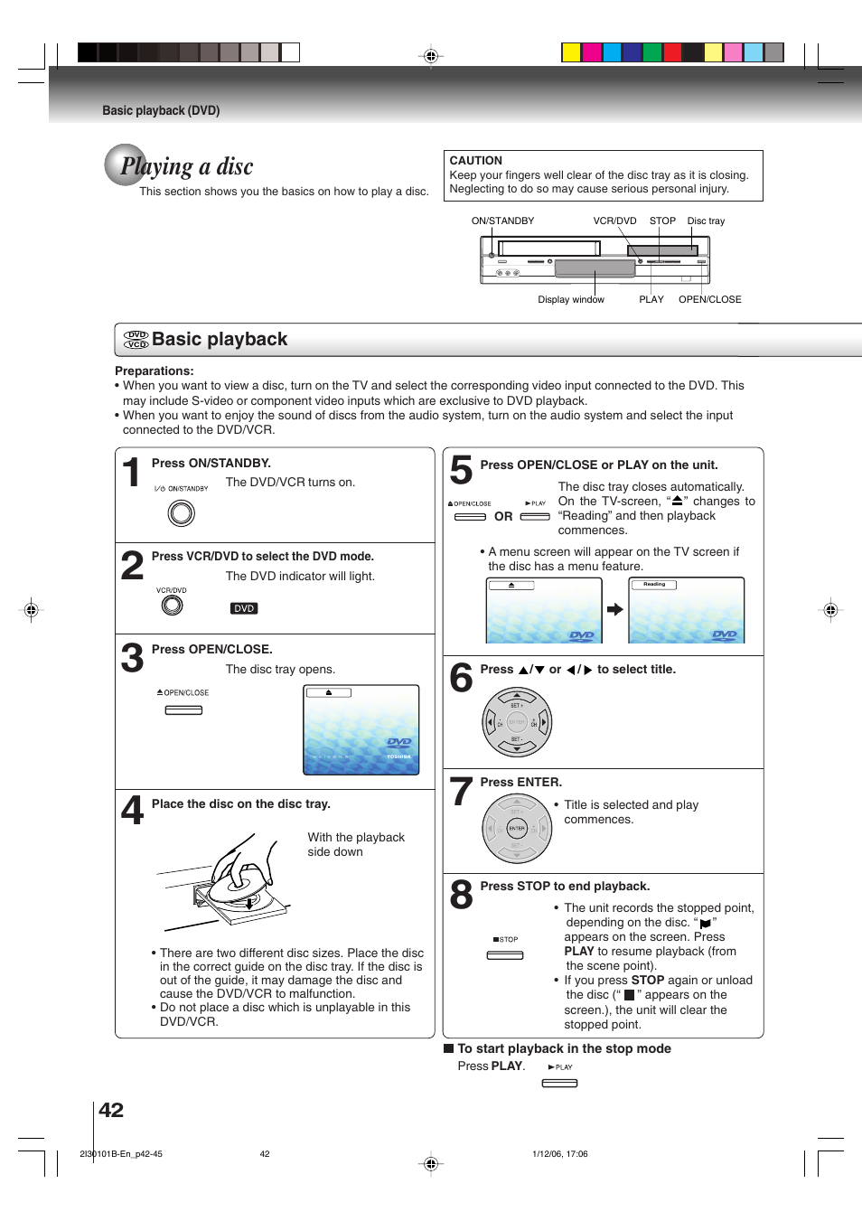 Playing a disc, Basic playback | Toshiba DVD Video Player SD-V394SU User Manual | Page 42 / 72