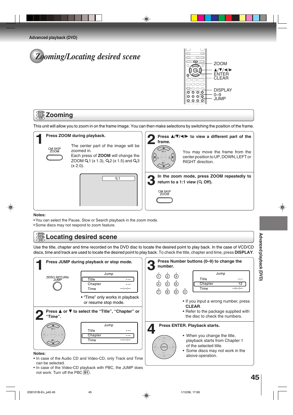 Zooming/locating desired scene, Zooming, Locating desired scene | Toshiba DVD Video Player SD-V394SU User Manual | Page 45 / 72
