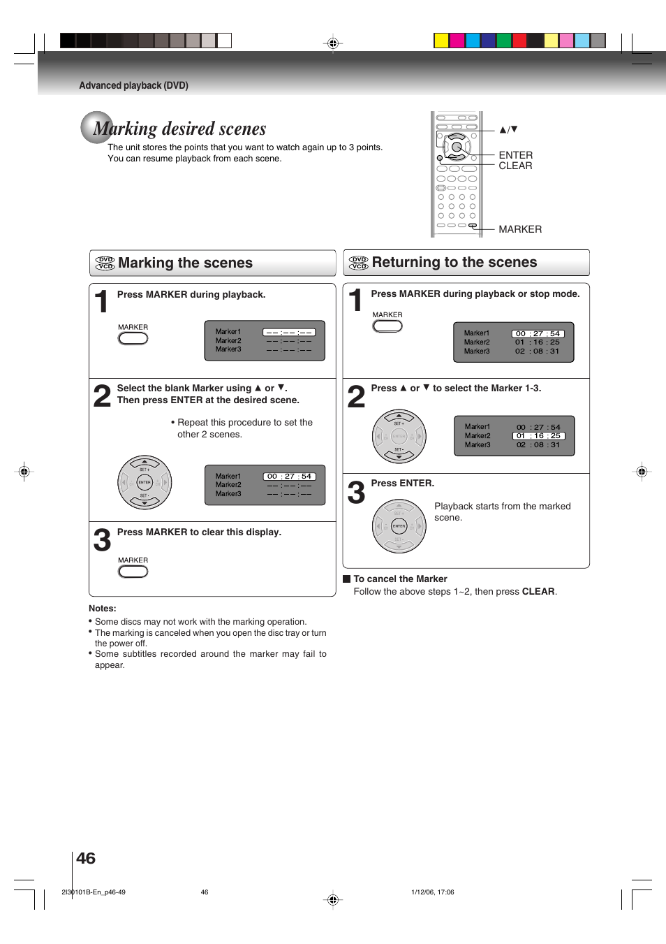 Marking desired scenes, Marking the scenes returning to the scenes | Toshiba DVD Video Player SD-V394SU User Manual | Page 46 / 72