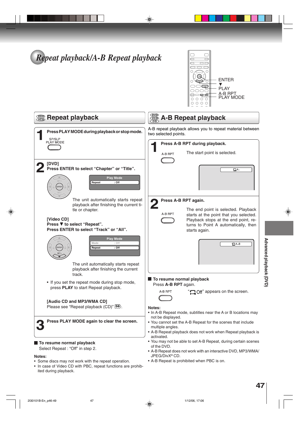 Repeat playback/a-b repeat playback, Repeat playback, A-b repeat playback | Toshiba DVD Video Player SD-V394SU User Manual | Page 47 / 72