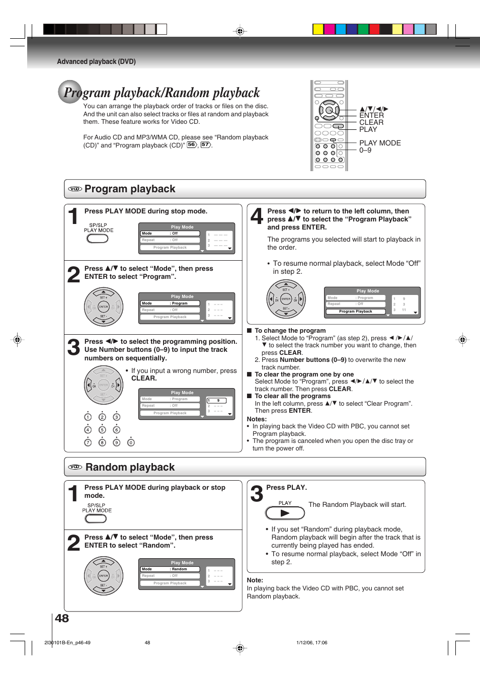 Program playback/random playback, Program playback, Random playback | Toshiba DVD Video Player SD-V394SU User Manual | Page 48 / 72