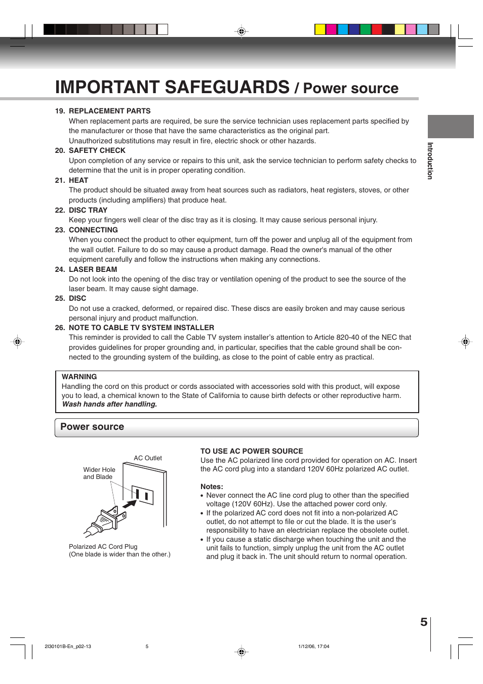 Important safeguards, Power source | Toshiba DVD Video Player SD-V394SU User Manual | Page 5 / 72