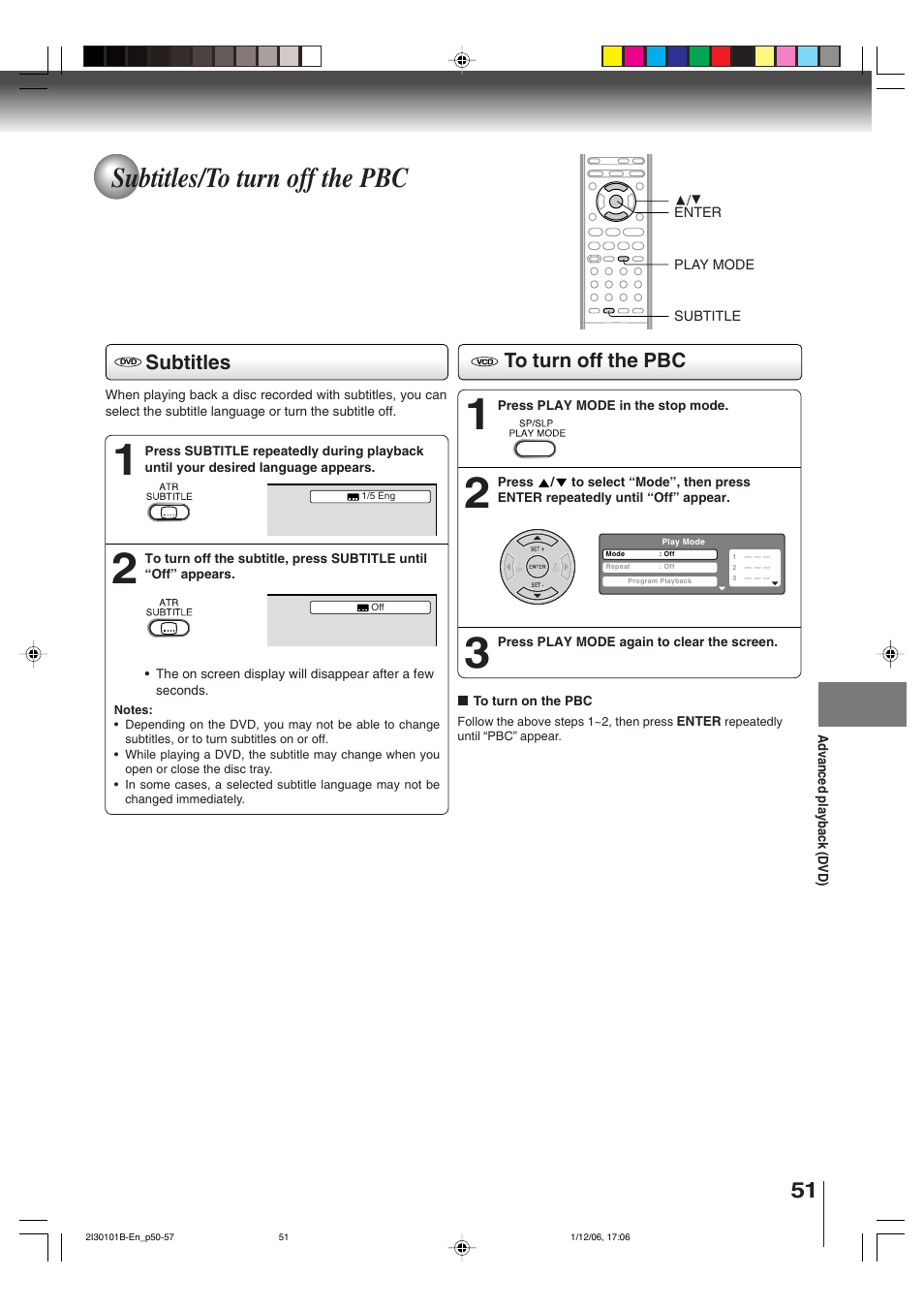 Subtitles/to turn off the pbc, Subtitles | Toshiba DVD Video Player SD-V394SU User Manual | Page 51 / 72