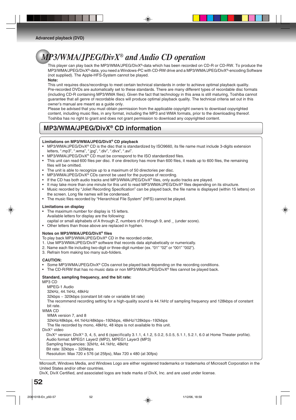 Mp3/wma/jpeg/divx, And audio cd operation, Cd information | Toshiba DVD Video Player SD-V394SU User Manual | Page 52 / 72