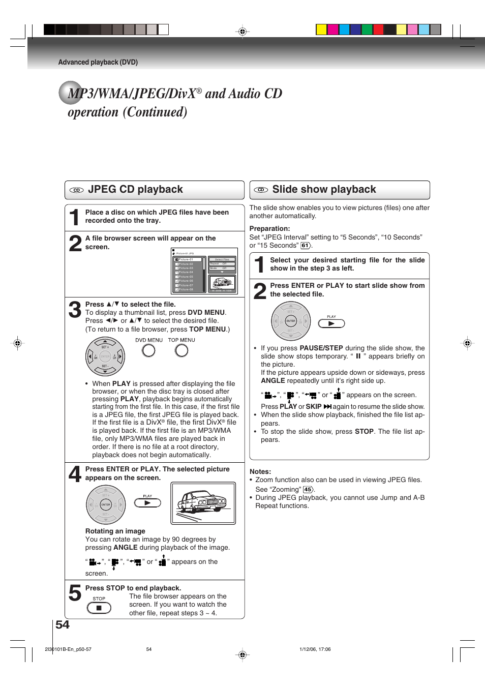 Mp3/wma/jpeg/divx, And audio cd operation (continued), Jpeg cd playback | Slide show playback | Toshiba DVD Video Player SD-V394SU User Manual | Page 54 / 72
