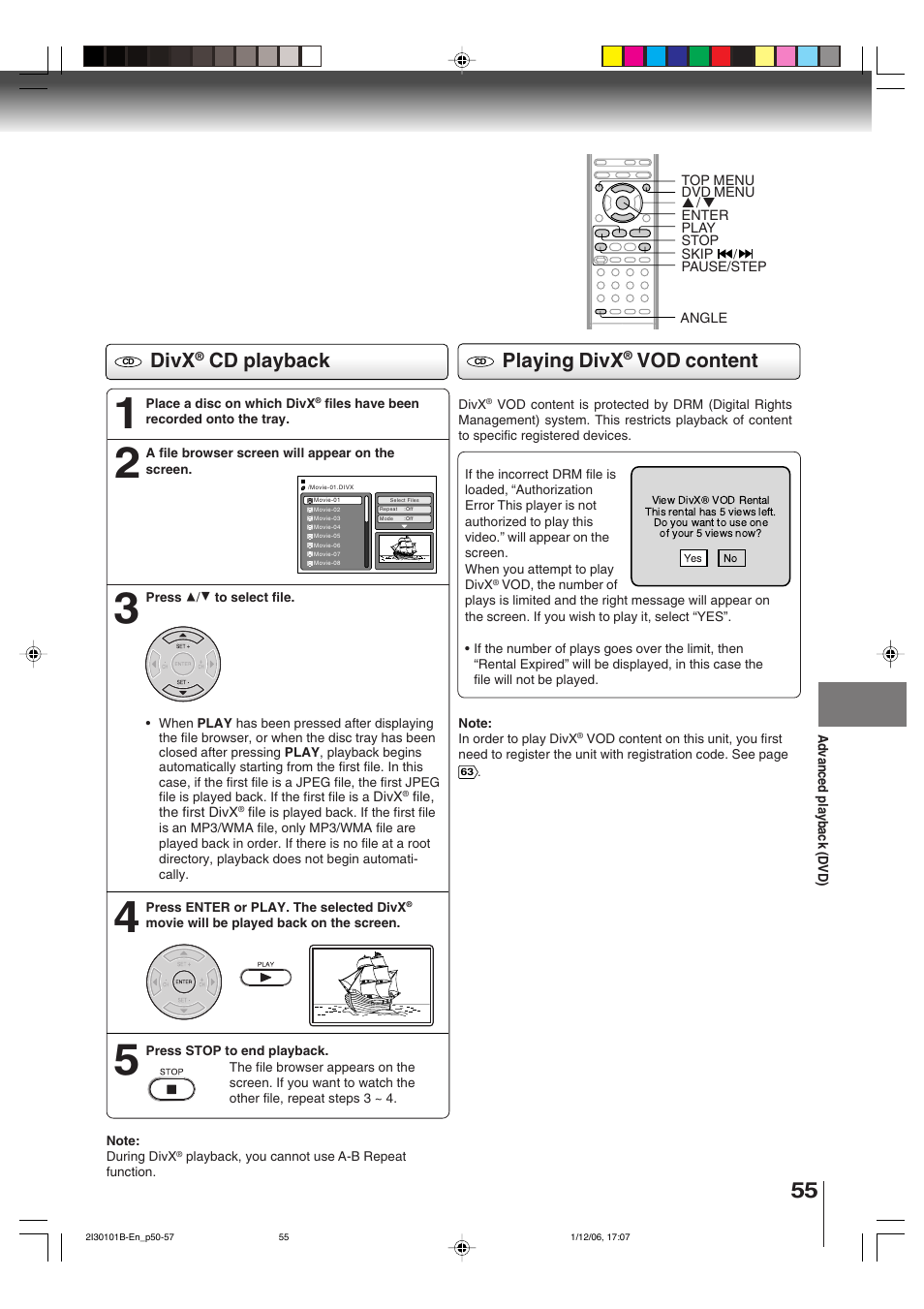 Divx, Cd playback, Playing divx | Vod content | Toshiba DVD Video Player SD-V394SU User Manual | Page 55 / 72