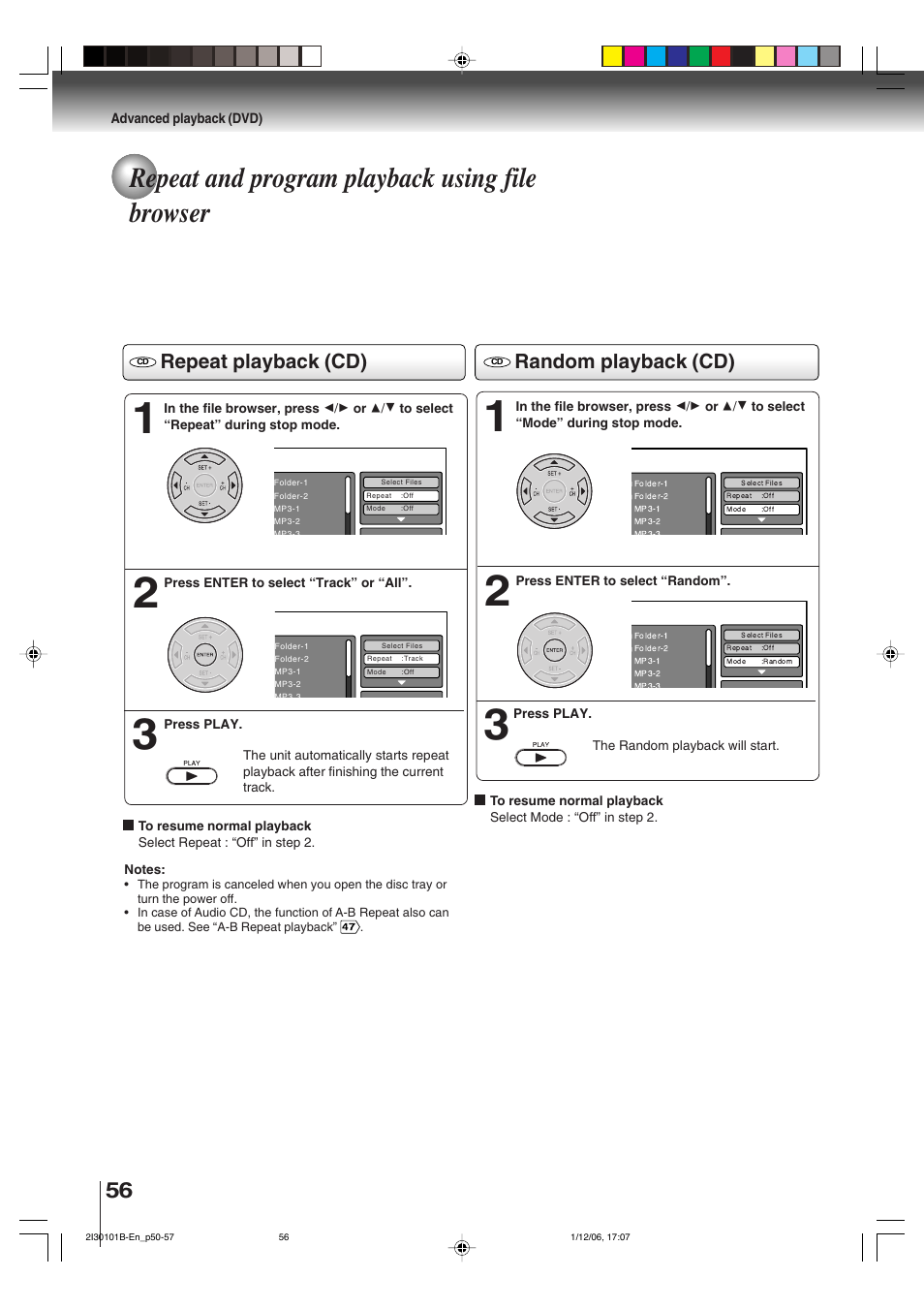 Repeat and program playback using file browser, Repeat playback (cd), Random playback (cd) | Toshiba DVD Video Player SD-V394SU User Manual | Page 56 / 72