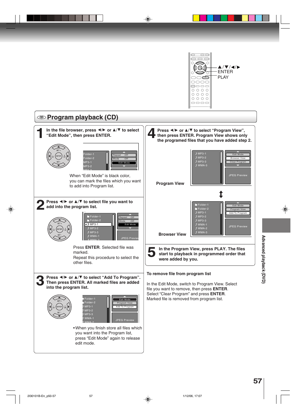 Program playback (cd) | Toshiba DVD Video Player SD-V394SU User Manual | Page 57 / 72