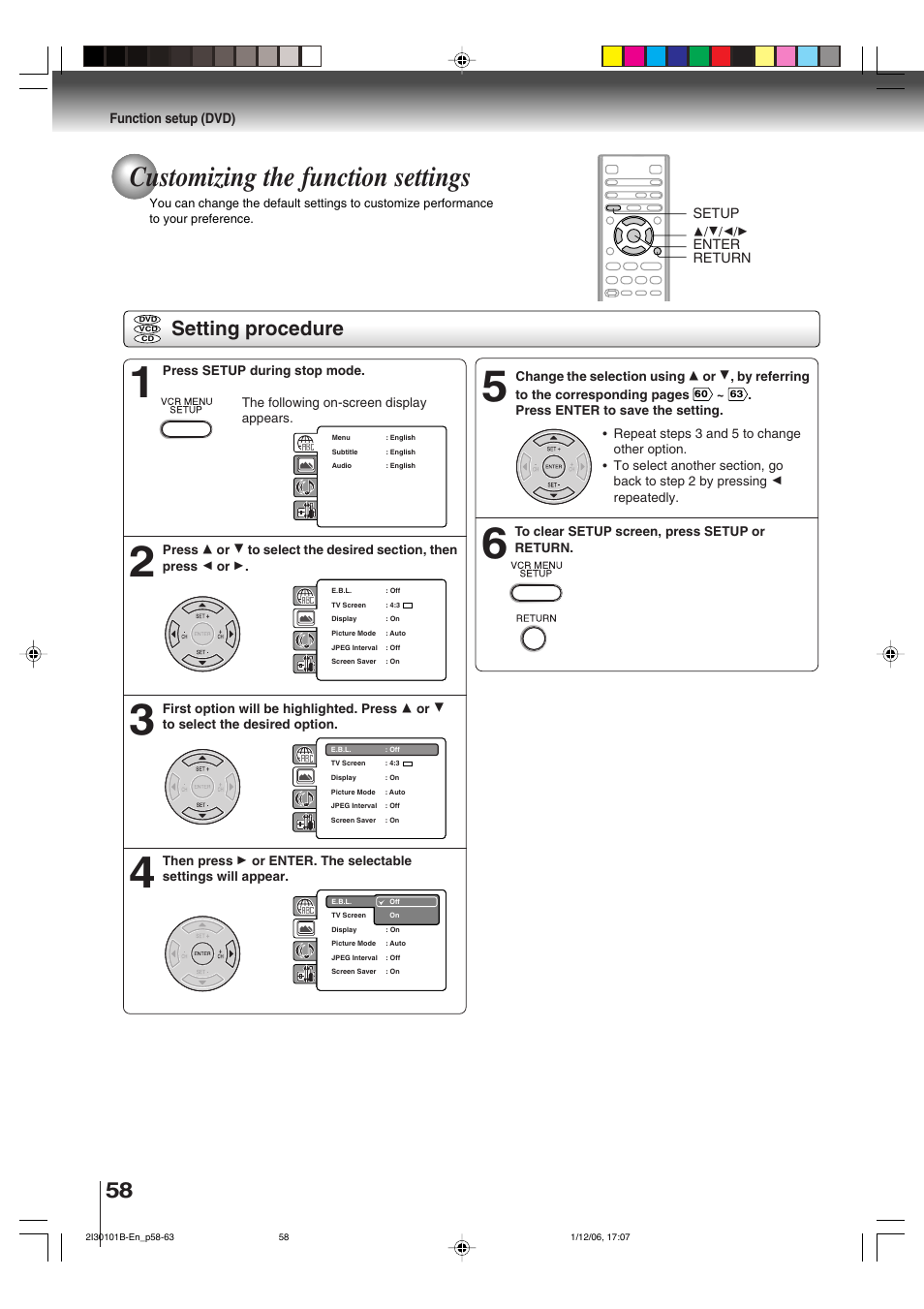 Customizing the function settings, Setting procedure, Function setup (dvd) | Enter, Setup, Return | Toshiba DVD Video Player SD-V394SU User Manual | Page 58 / 72