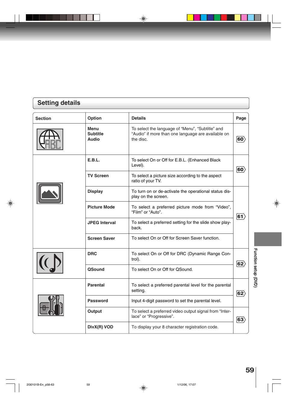 Setting details | Toshiba DVD Video Player SD-V394SU User Manual | Page 59 / 72