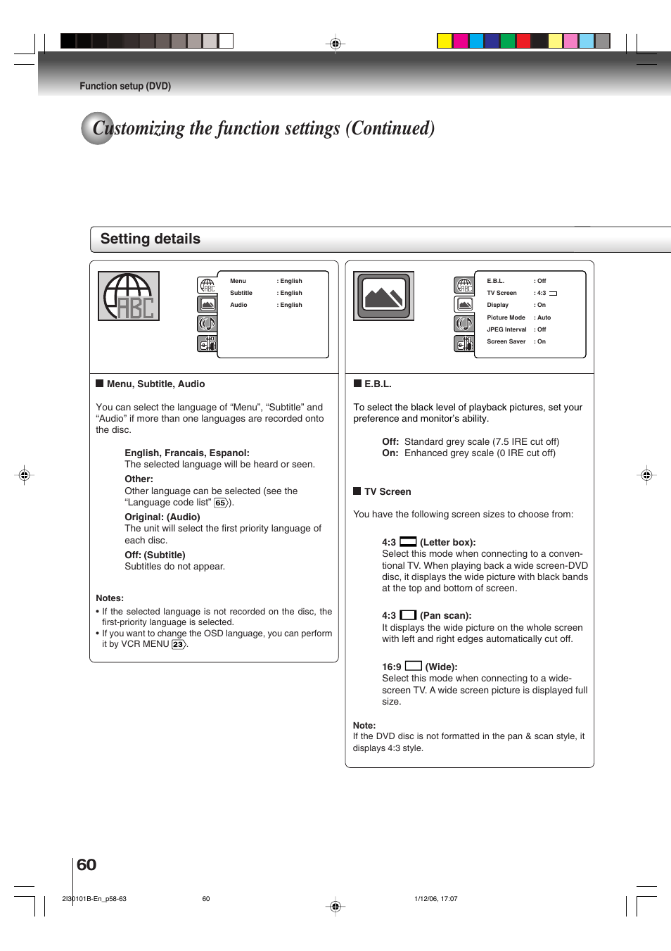 Customizing the function settings (continued), Setting details, Function setup (dvd) | Toshiba DVD Video Player SD-V394SU User Manual | Page 60 / 72