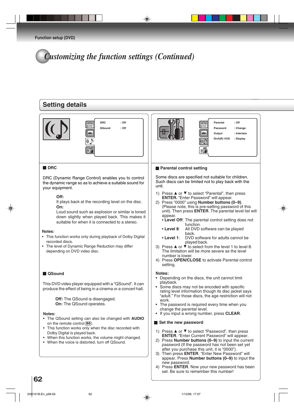 Customizing the function settings (continued), Setting details | Toshiba DVD Video Player SD-V394SU User Manual | Page 62 / 72