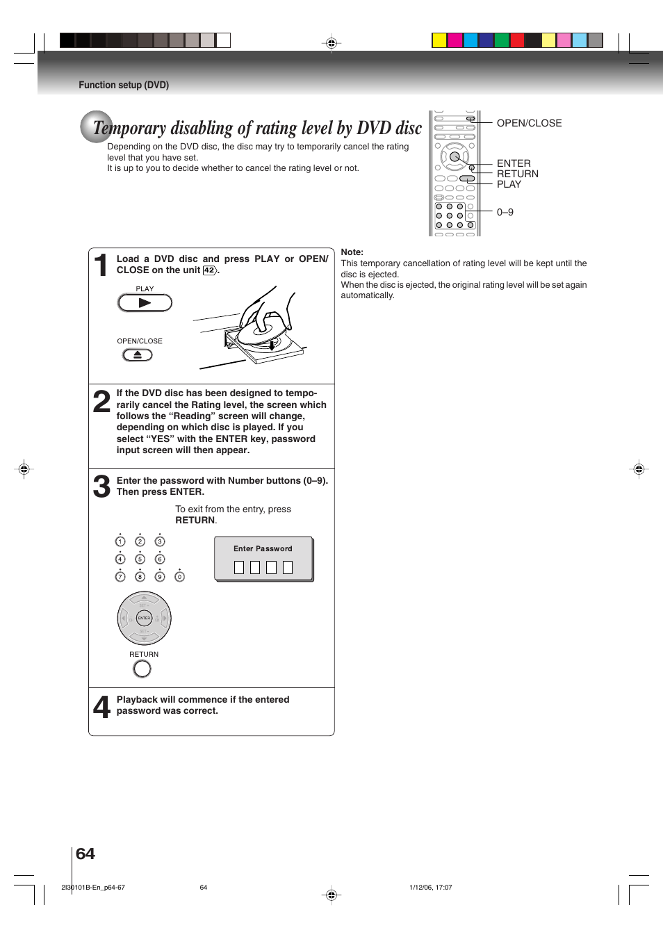 Temporary disabling of rating level by dvd disc | Toshiba DVD Video Player SD-V394SU User Manual | Page 64 / 72