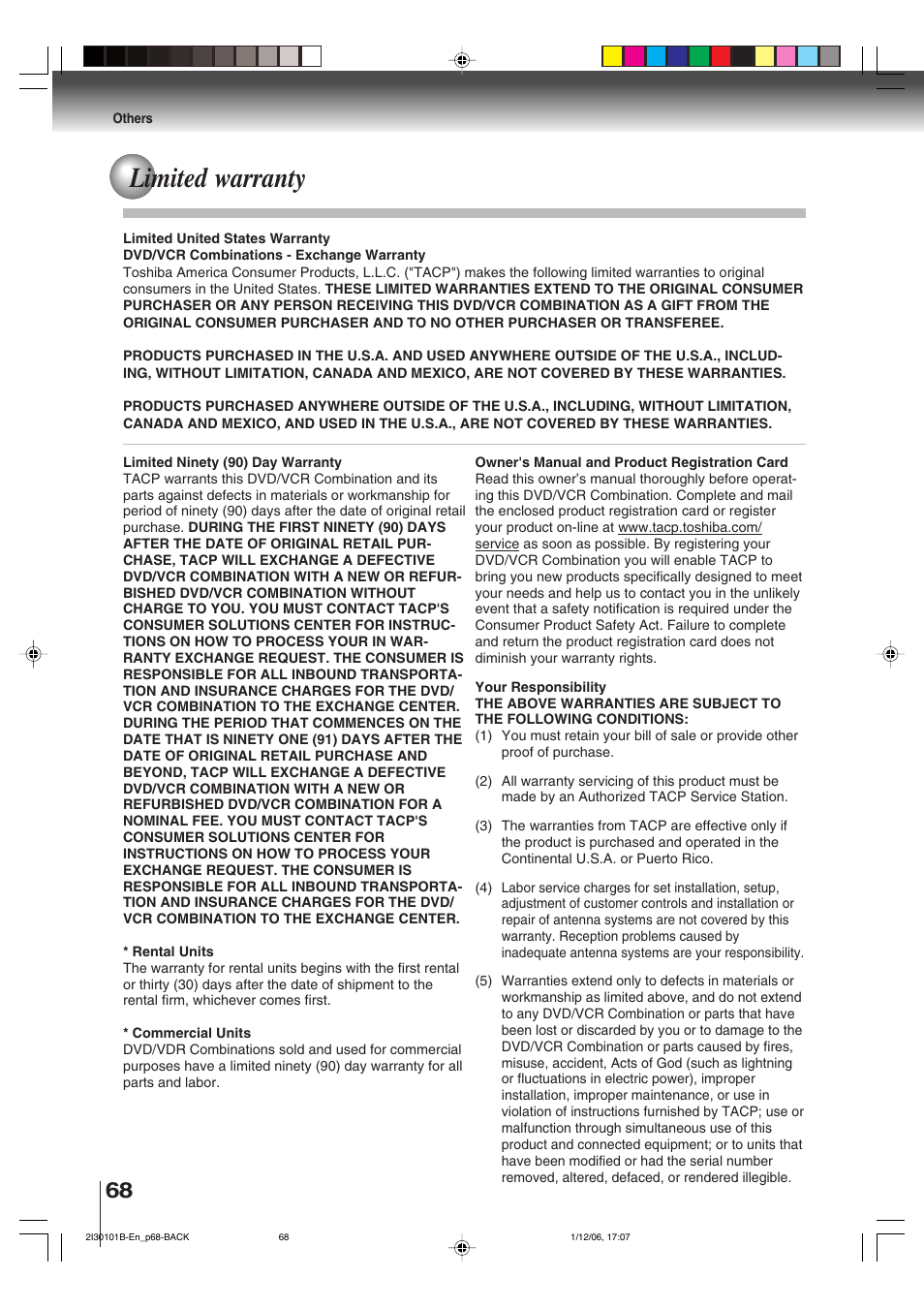Limited warranty | Toshiba DVD Video Player SD-V394SU User Manual | Page 68 / 72