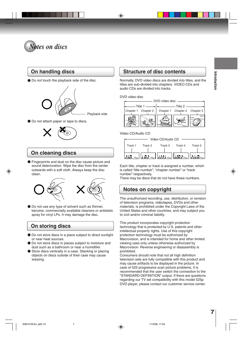 On handling discs, On cleaning discs, On storing discs | Structure of disc contents | Toshiba DVD Video Player SD-V394SU User Manual | Page 7 / 72