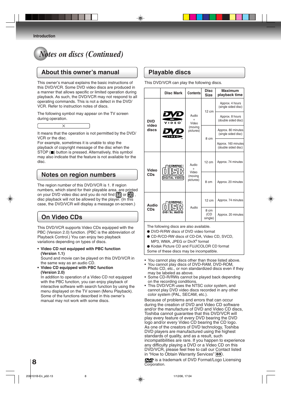 About this owner’s manual, On video cds, Playable discs | Toshiba DVD Video Player SD-V394SU User Manual | Page 8 / 72