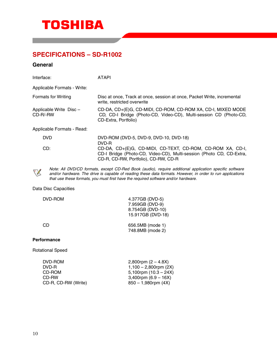 Specifications – sd-r1002 | Toshiba SD-R1002 User Manual | Page 12 / 16