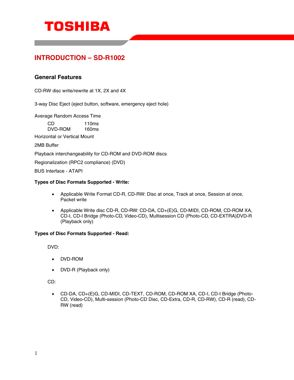 Introduction – sd-r1002 | Toshiba SD-R1002 User Manual | Page 3 / 16
