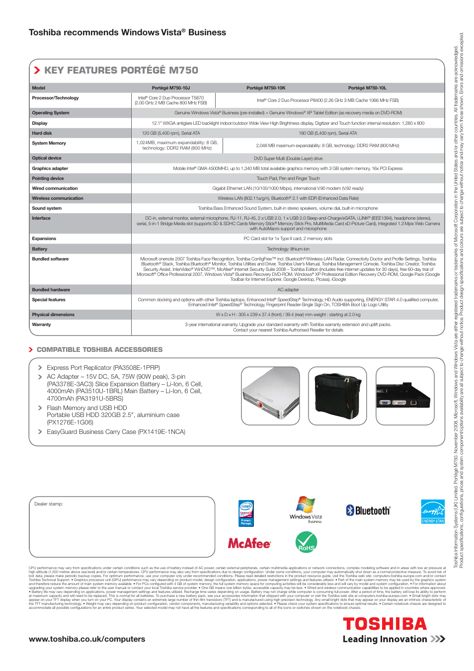 Key features portégé m750, Toshiba recommends windows, Vista | Business | Toshiba M750 User Manual | Page 2 / 2