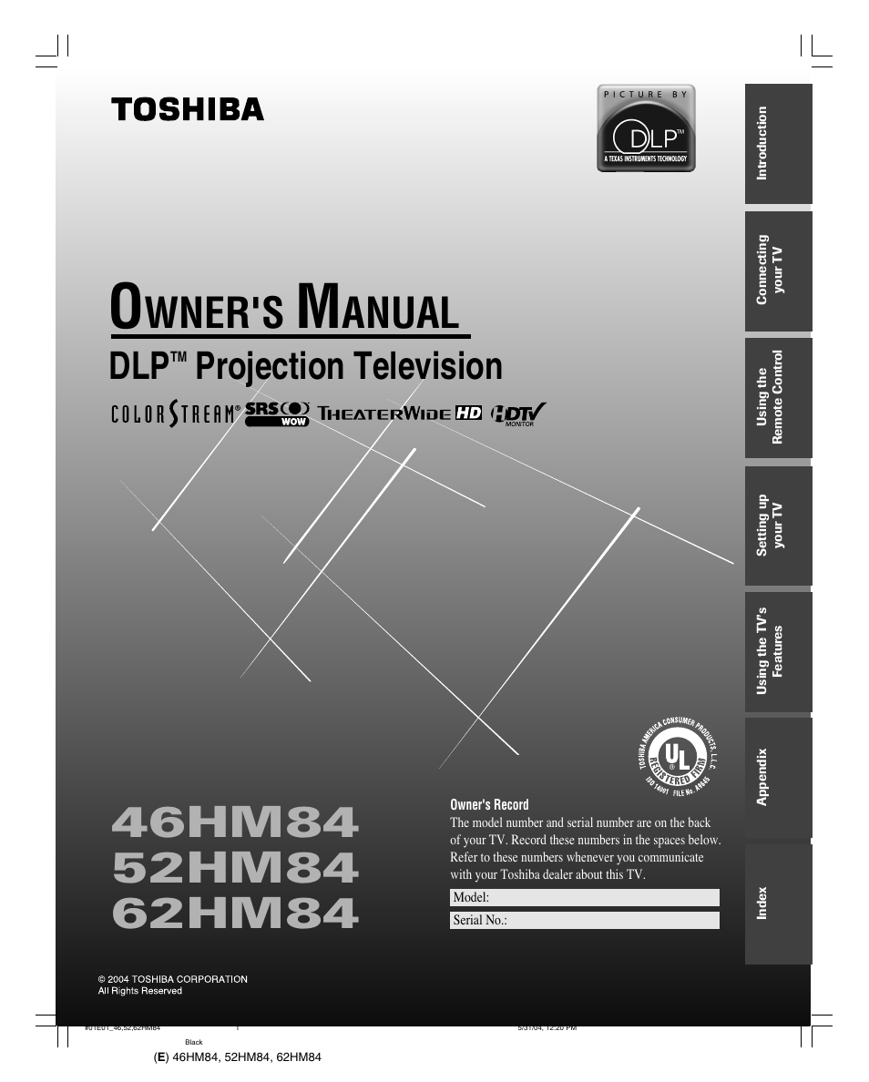 Toshiba 52HM84 User Manual | 68 pages