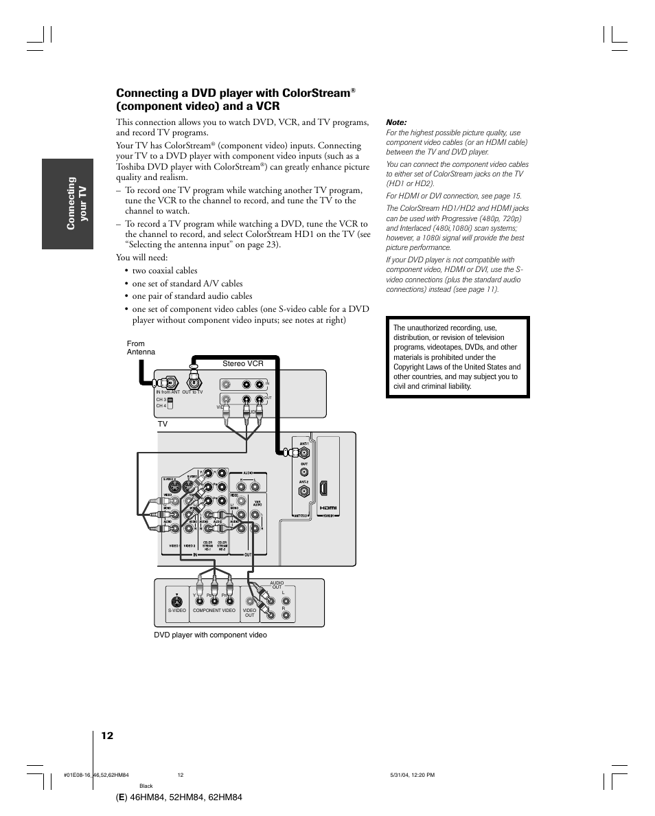 Connecting a dvd player with colorstream, Component video) and a vcr | Toshiba 52HM84 User Manual | Page 12 / 68