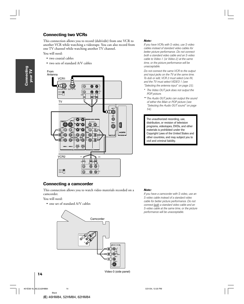 Connecting two vcrs, Connecting a camcorder | Toshiba 52HM84 User Manual | Page 14 / 68