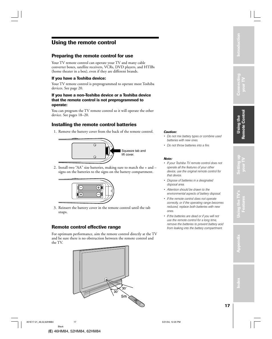 Using the remote control, Preparing the remote control for use, Installing the remote control batteries | Remote control effective range | Toshiba 52HM84 User Manual | Page 17 / 68
