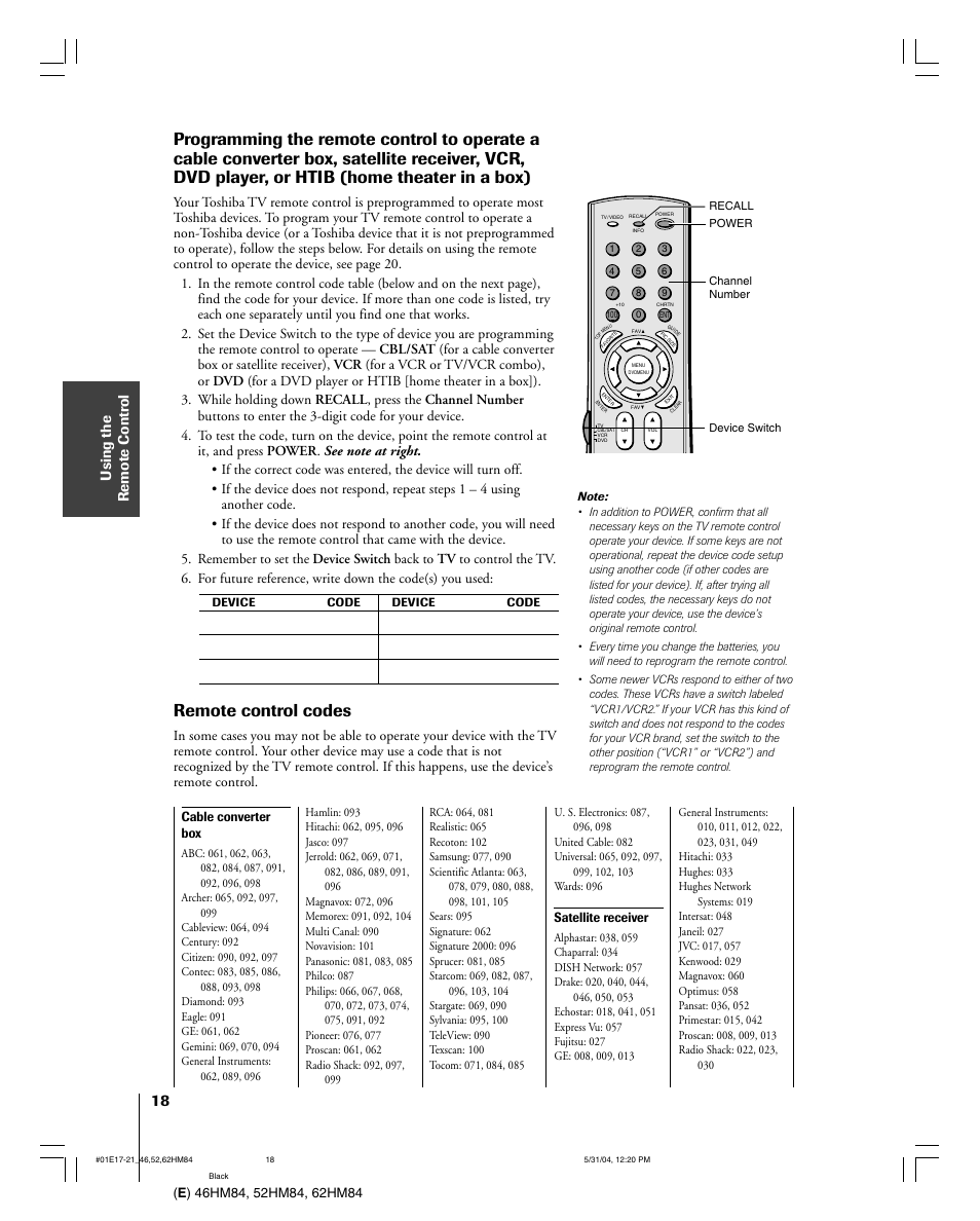 Remote control codes, Cable converter box, Satellite receiver | Toshiba 52HM84 User Manual | Page 18 / 68