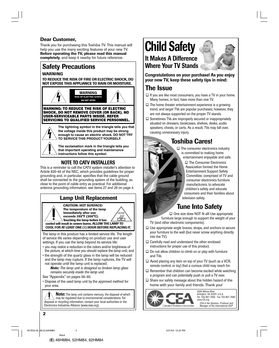 Child safety, It makes a difference where your tv stands, The issue | Toshiba cares, Tune into safety, Safety precautions, Lamp unit replacement | Toshiba 52HM84 User Manual | Page 2 / 68