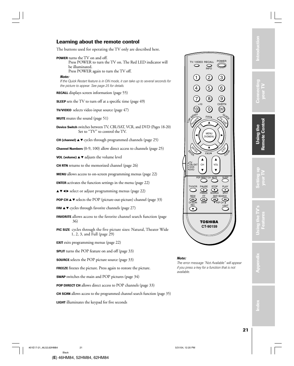 Learning about the remote control | Toshiba 52HM84 User Manual | Page 21 / 68