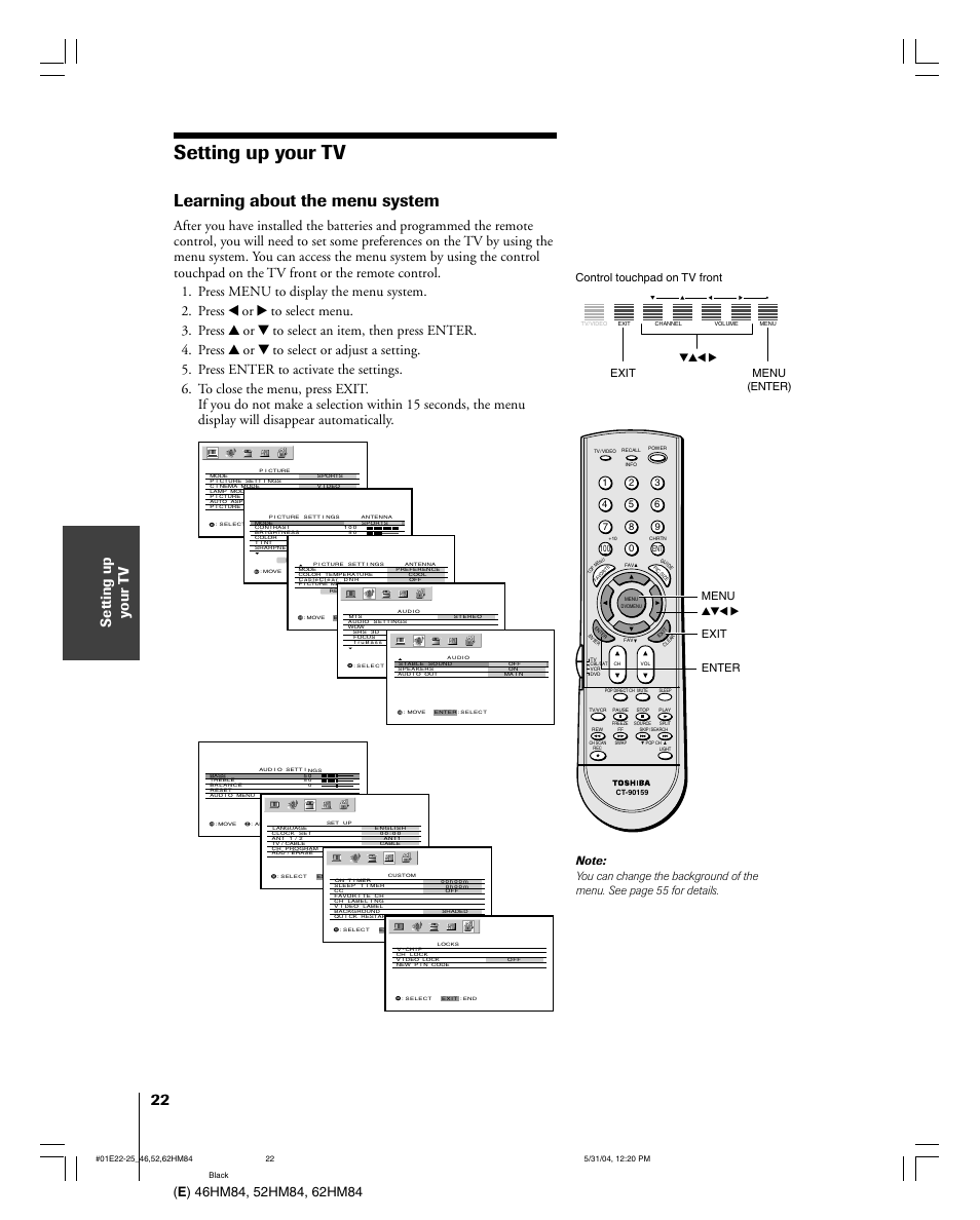 Setting up your tv, Learning about the menu system | Toshiba 52HM84 User Manual | Page 22 / 68