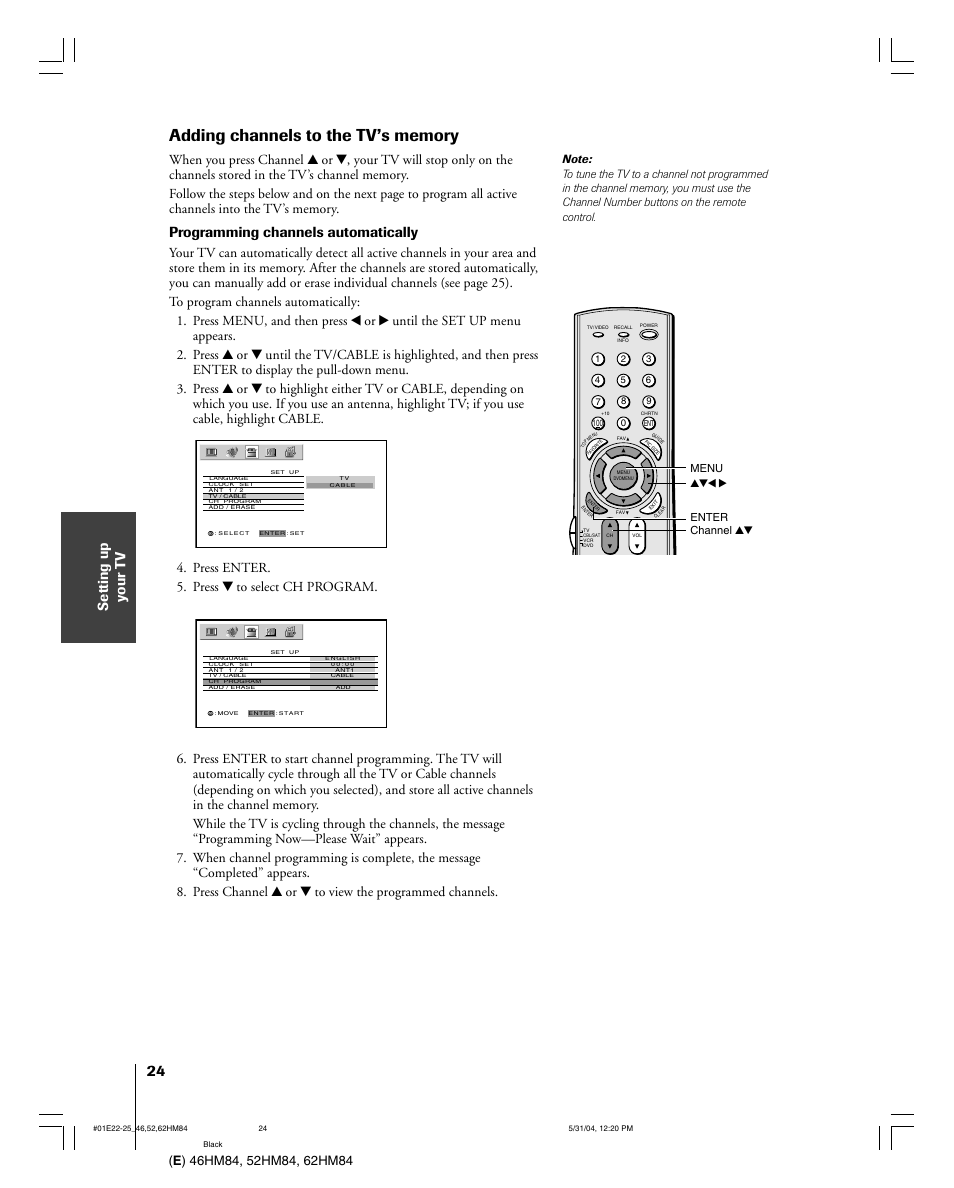 Programming channels automatically, Press enter. 5. press z to select ch program | Toshiba 52HM84 User Manual | Page 24 / 68