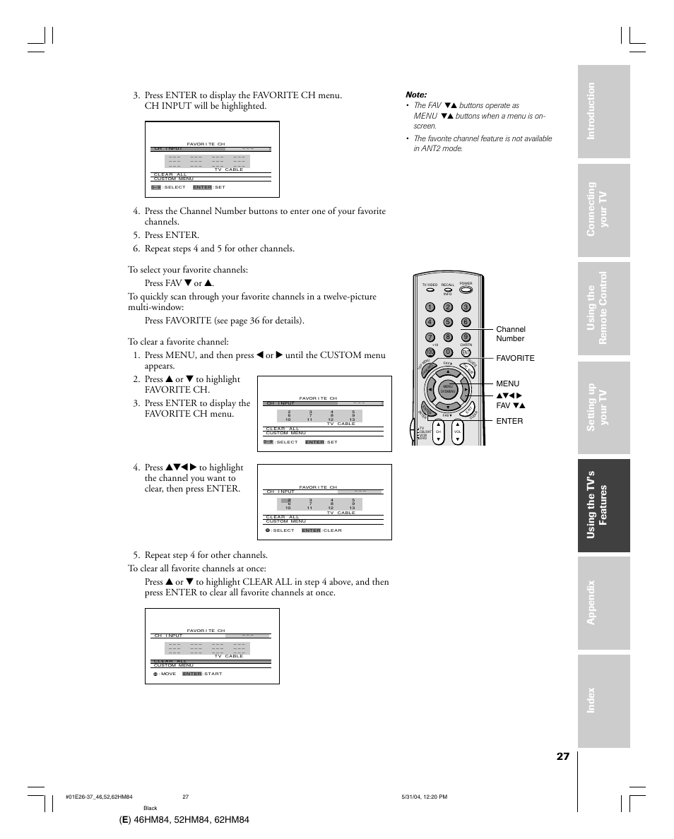 Channel number menu yzx • fav zy favorite enter | Toshiba 52HM84 User Manual | Page 27 / 68